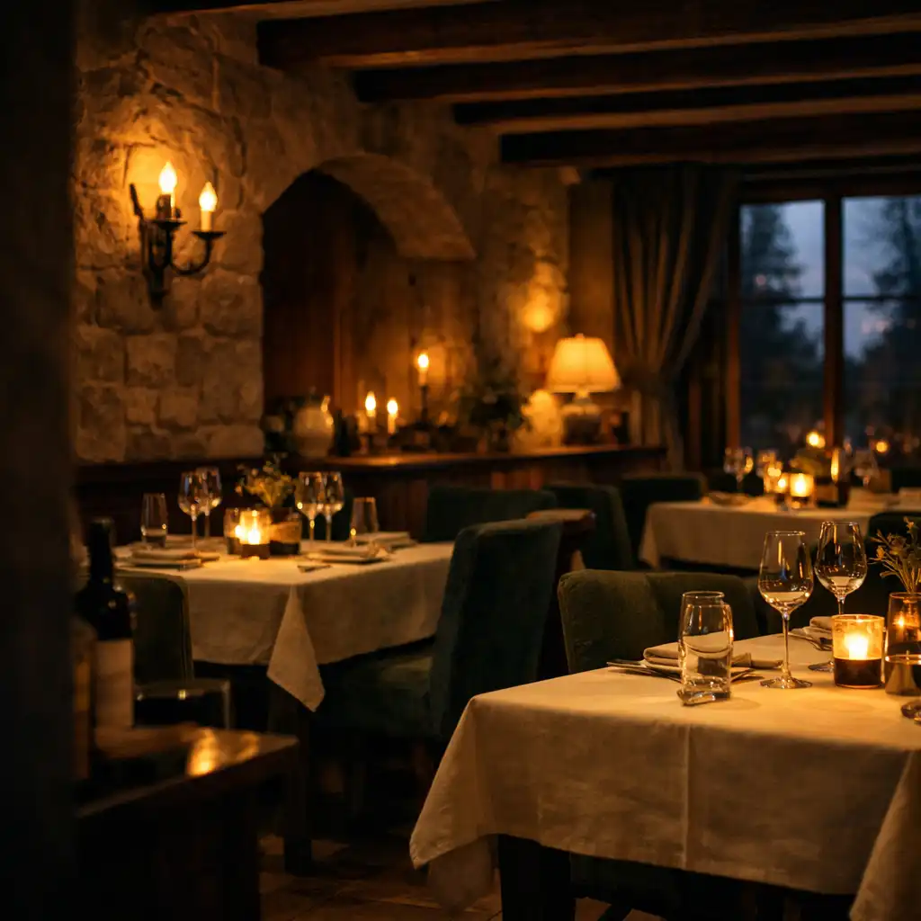 Intimní jídelna restaurace připravená na večerní servis