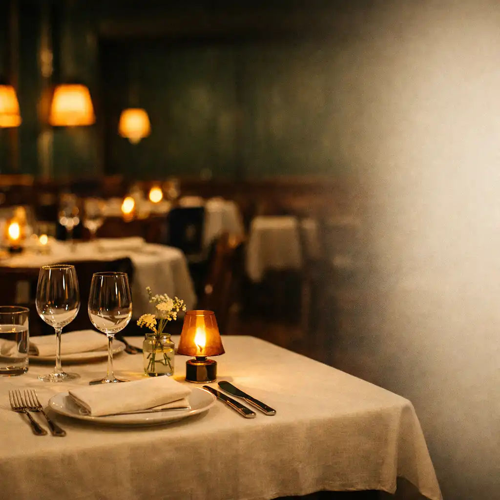 Intimní večerní interiér restaurace s prostřeným stolem, lnem a sklenicemi na víno.