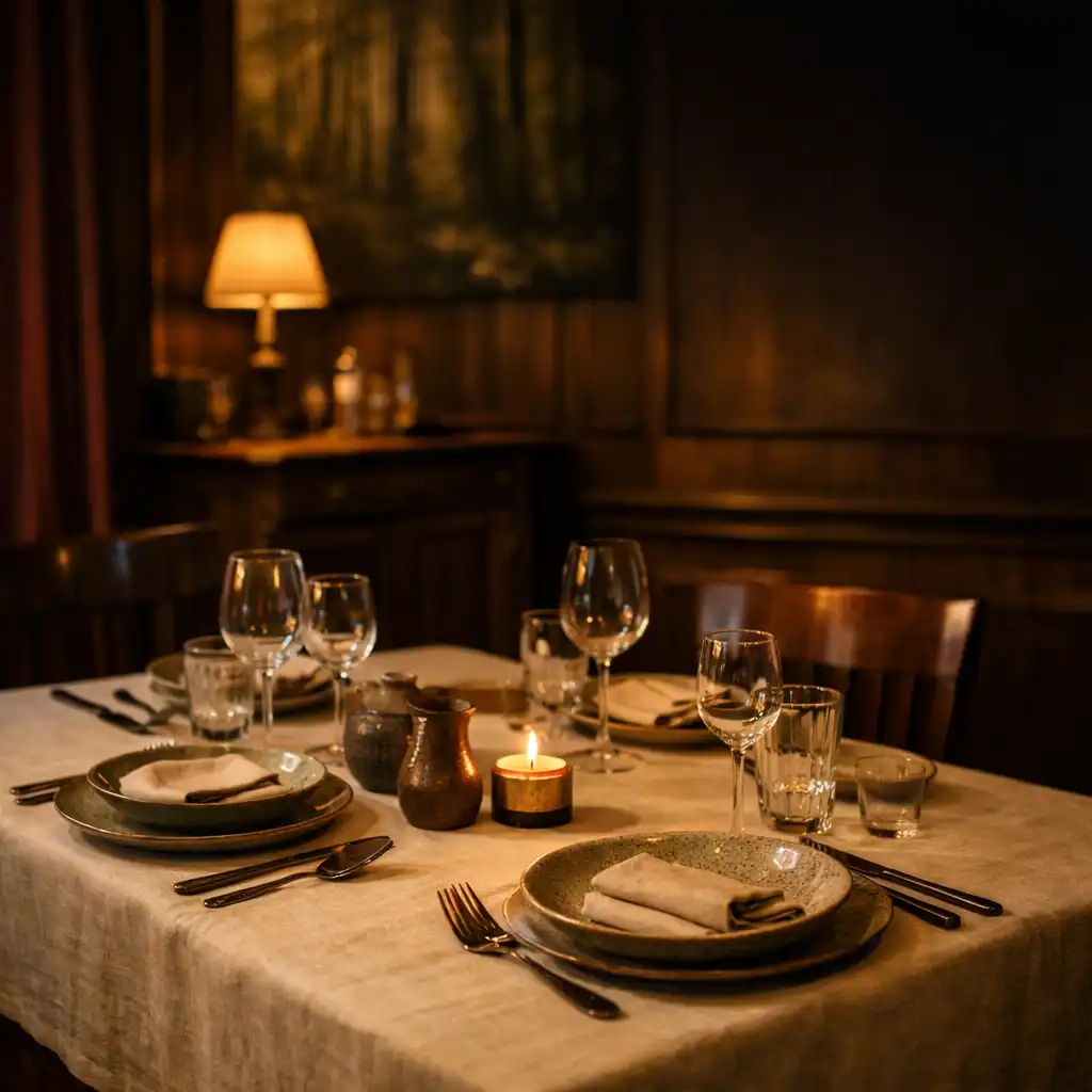 Intimně prostřený stůl v teplém večerním interiéru Českého Gourmet
