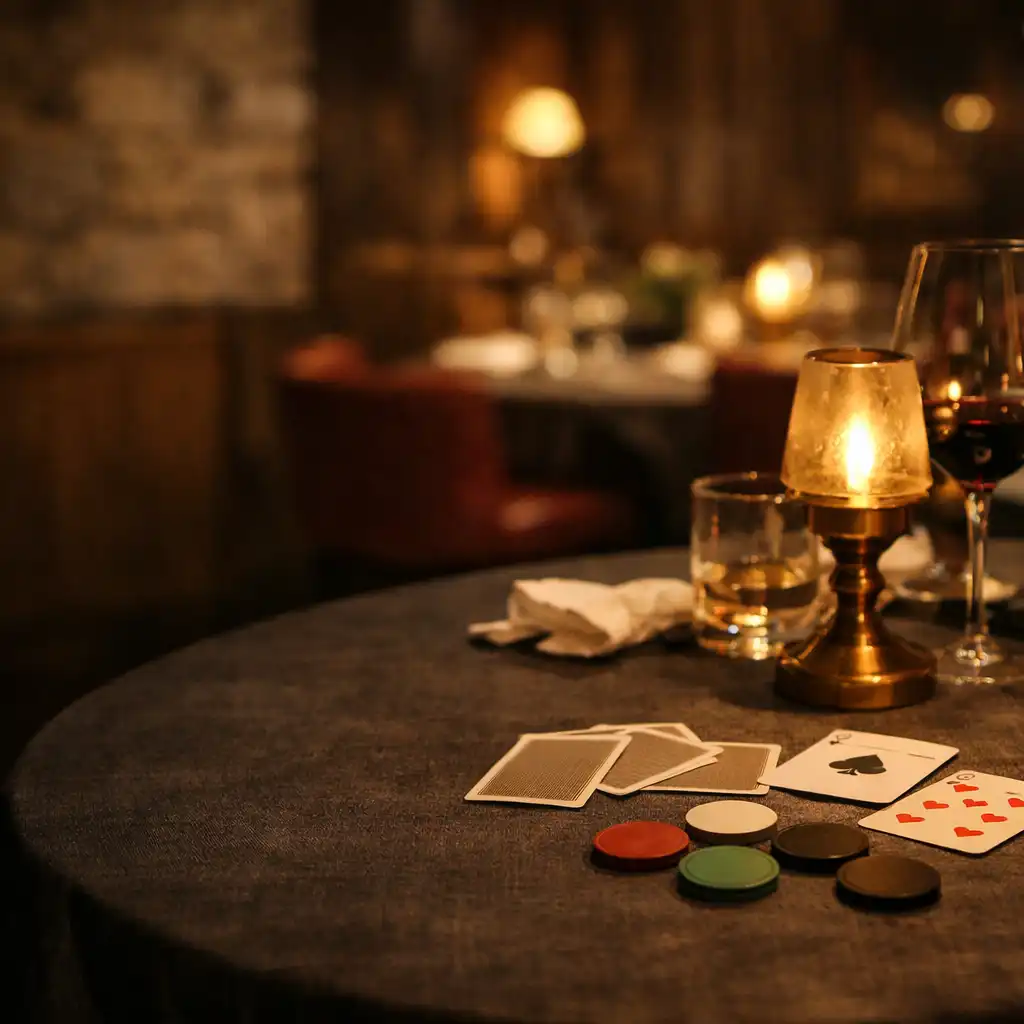 Večerní stůl v intimním salonu restaurace s kartami a symbolickými žetony