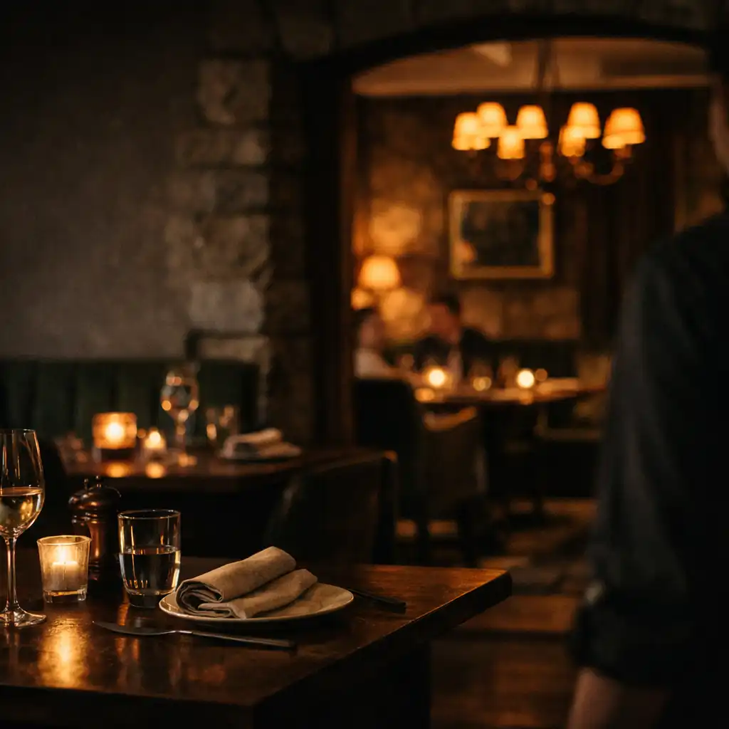 Intimní interiér restaurace Český Gourmet v teplém večerním světle