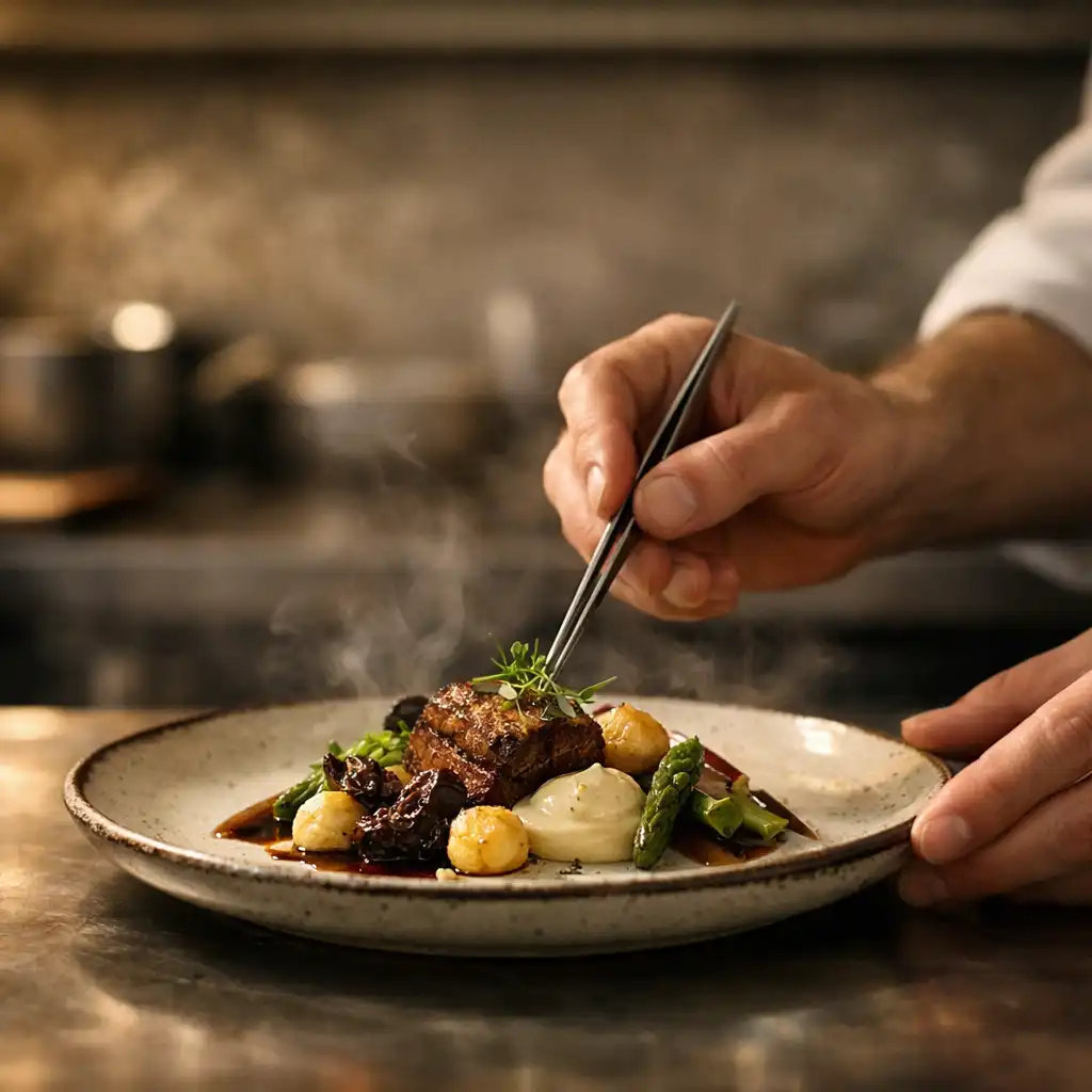 Ruce šéfkuchaře dokončují moderní český pokrm v restauranční kuchyni