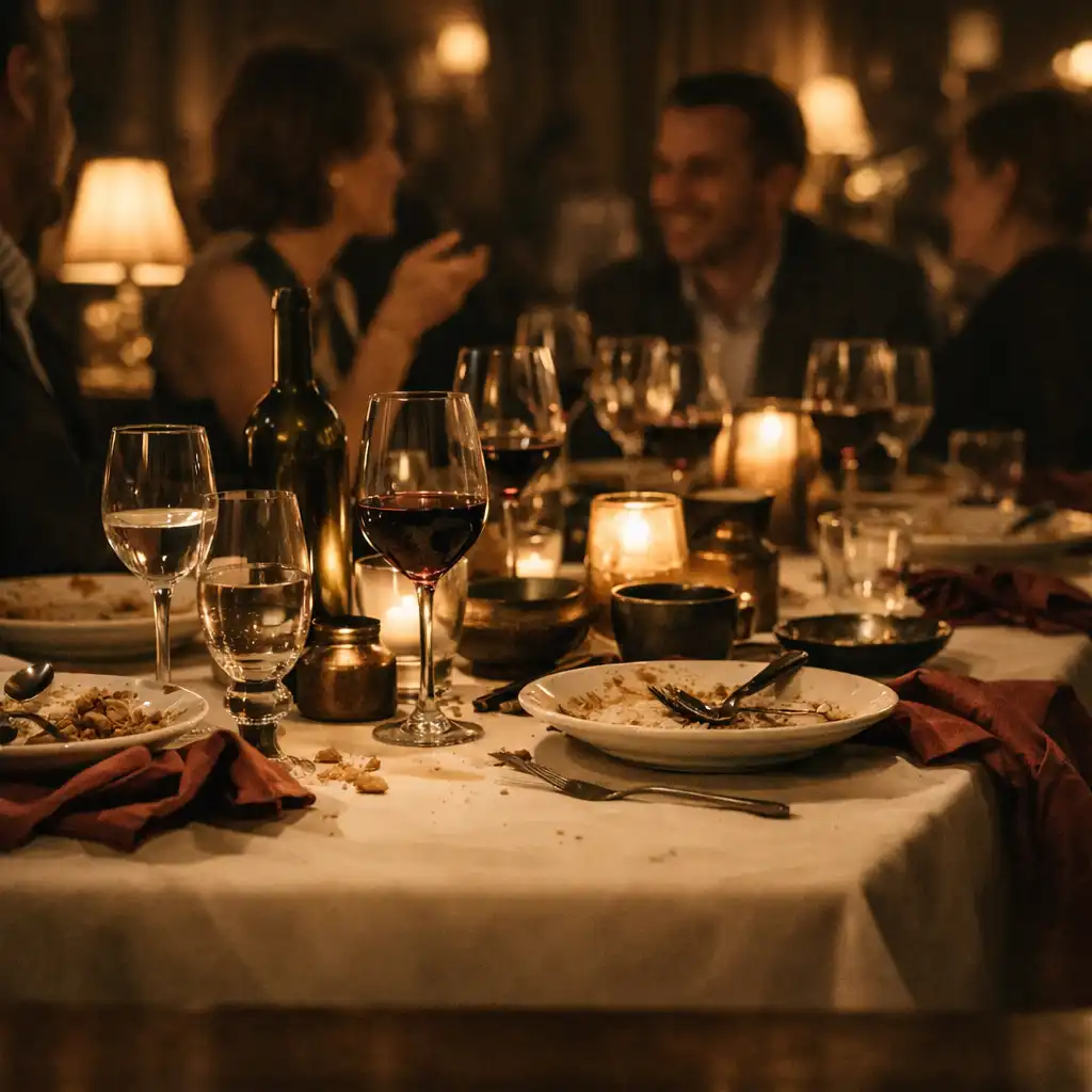 Teplý večerní pohled na společně prostřený stůl v elegantní restauraci